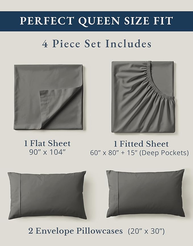 LANE LINEN Sustainably Produced 100% Organic Cotton Queen Size Bed Sheets, Soft & Comfy Naturally Cooling Percale Cotton Sheets, Low Pill Fade Resistant 15" Deep Pocket Queen Sheets– Charcoal
