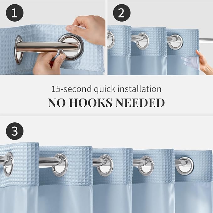 River Dream Misty Blue Fabric Shower Curtain Set, Cotton Blend, Waffle Weave, with Snap in Replacement Liner，71 x 86 inches