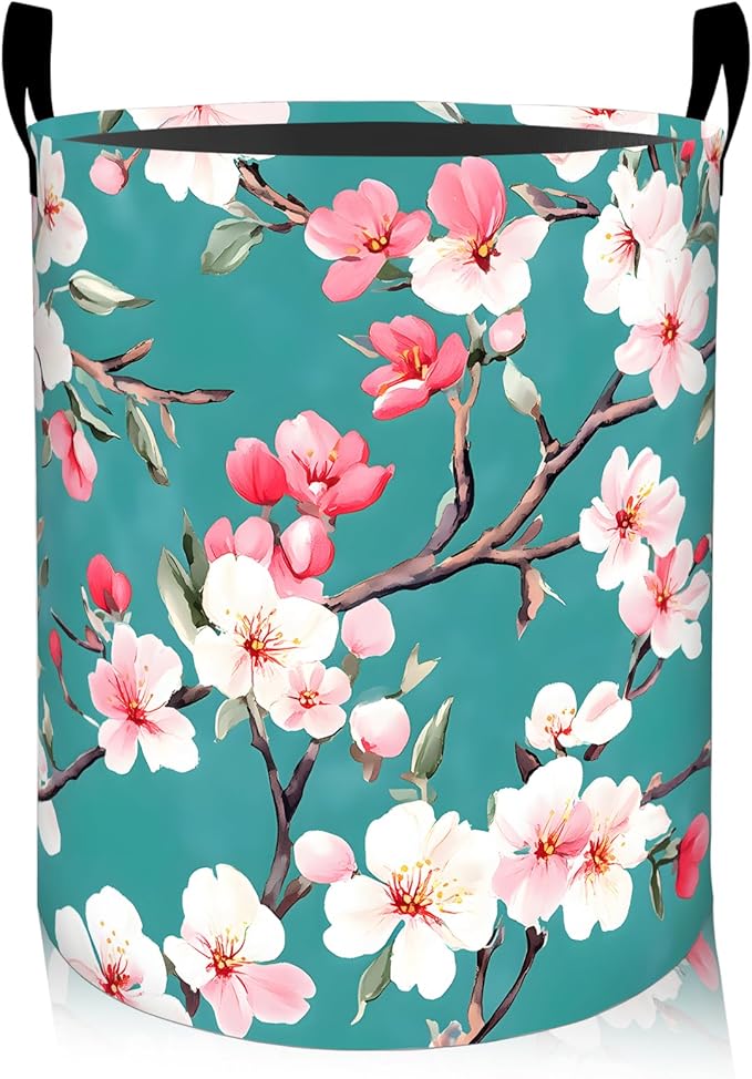 ainori Cherry Blossom Laundry Basket, Oxford Cloth Romantic Elegant Dirty Clothes Collapsible Hamper for Room Decor, Floral Botanical Print Gifts Toy Organizer 19.7*15.8 Inch for Bedroom Bathroom Dorm