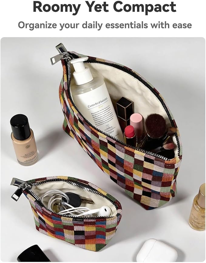 fahombag 2 Pcs Checkered Makeup Bag Set Canvas Cosmetic Pouch for Women Large & Small Cute Preppy Aesthetic Travel Toiletry Pouch Organizer for Purse Skincare Brushes, Multicolor