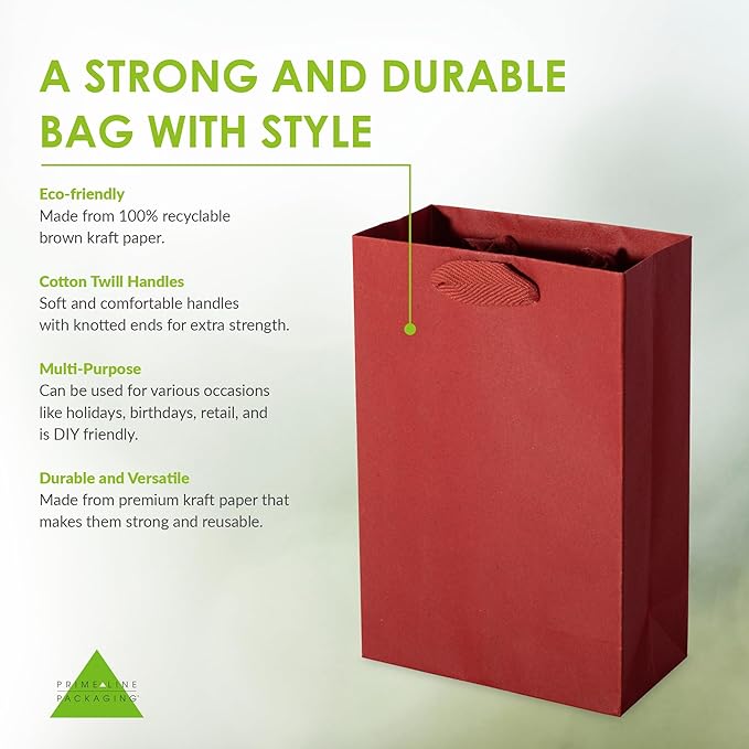 Prime Line Packaging Red Gift Bags with Handles, Mini Kraft Paper Goodie Bags for Christmas, Holiday, Treats, Wrapping, Shopping, Party Favors, Bulk, 6x3x9, 50 Pack