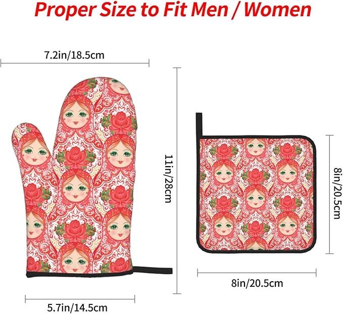 Traditional Russian Nesting Doll with Flowers Oven Mitts and Pot Holders 4 Pcs Set Oven Gloves and Potholders for Cooking Microwave BBQ Baking Grilling