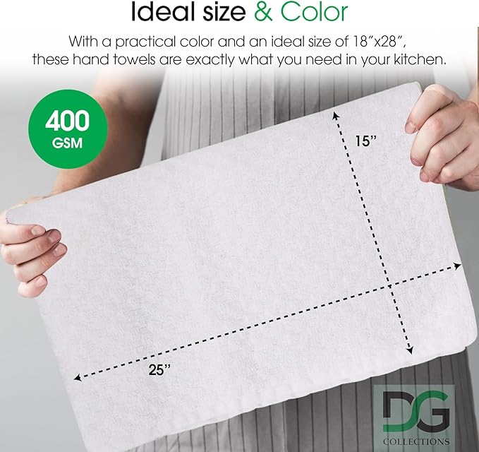 DG Collections White Kitchen Towels - 100% Cotton Terry Tea Towels for Cleaning, Drying, and Highly Absorbent Kitchen Dish Cloth for Bar Cleaning - 8 Pack - 15 x 25 Inches
