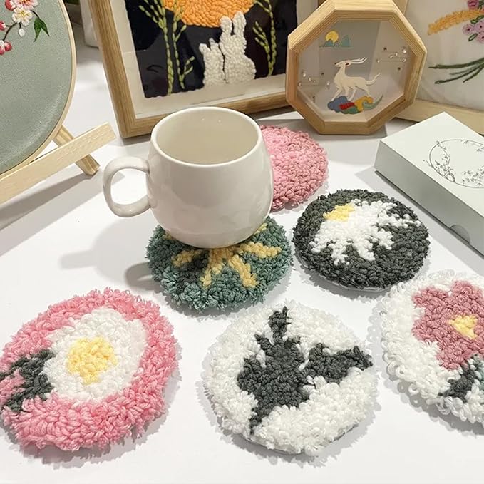 Allazone Punch Needle Kits, Punch Needle Coasters Kit, Punch Embroidery Kit with Felt Yarns Hoop Tools for DIY Coaster Crafts (Flowers)