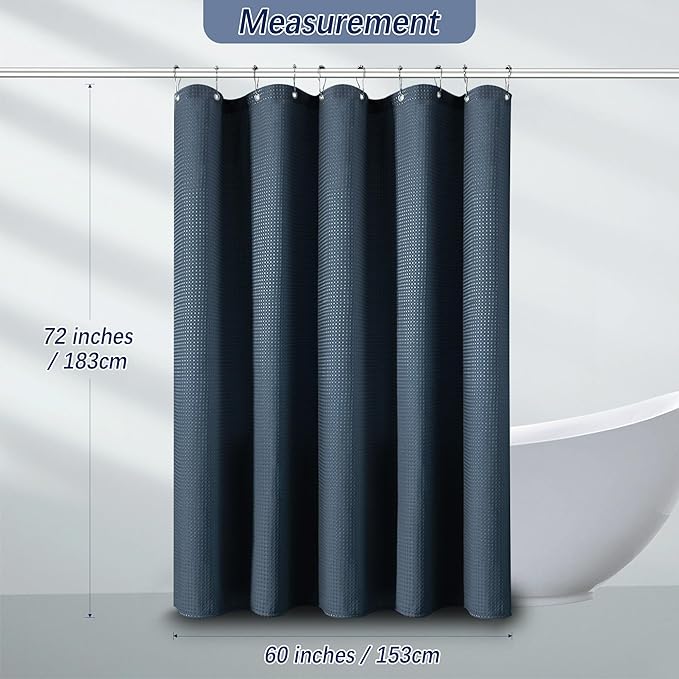 PANGSINNE Navy Blue Shower Curtain Waffle Weave 60 Inches Heavy Fabric Duty Shower Curtains for Stall, Water Repellent 256GSM Weighted Modern Bathroom Shower Curtains with 10 Metal Hooks, 60Wx72H