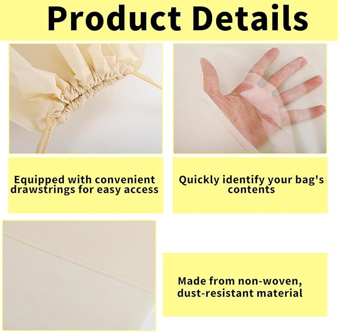 Bgtecho 12 Pcs Shoe Bags for Travel, Dust Bags for Handbags, Dustproof Drawstring Bags in 4 Size, Breathable Non Woven Fabric Storage Bag for Handbags Shoes Purses, Beige