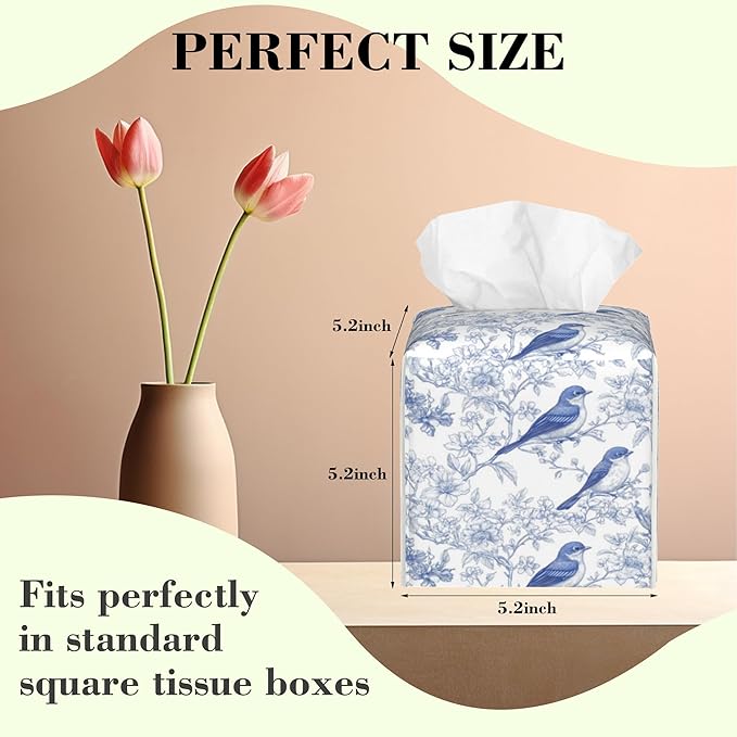 Blue Floral and Bird Tissue Box Cover Square Leather Tissue Holder Waterproof Facial Paper Organizer Dispenser Cube Paper Cover Case for Home Office Bathroom Vanity Countertop