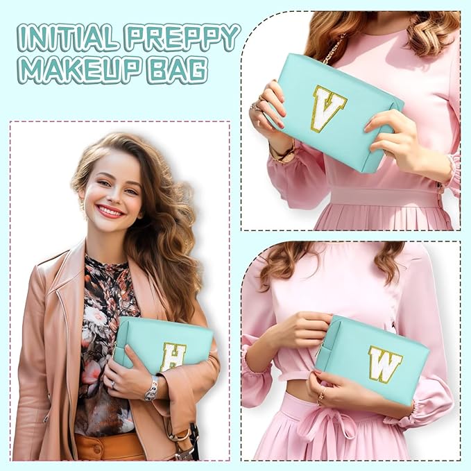 TOPEAST Preppy Bag, Monogrammed Makeup Bags with Zipper, Cute Makeup Pouch, Initial Birthday Gifts Bag for Daughter Friends Sister, Preppy Things for Girls (Blue H)