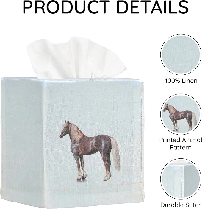 EmbroideryLinen.VN Tissue Box Cover Set of 2, Square Linen Tissue Holder, Printed Animal Pattern, 4.5x4.5x5.5 Inches, Decorative Holder for Bathroom, Living Room, Office (Horse - Ivory & Pink)