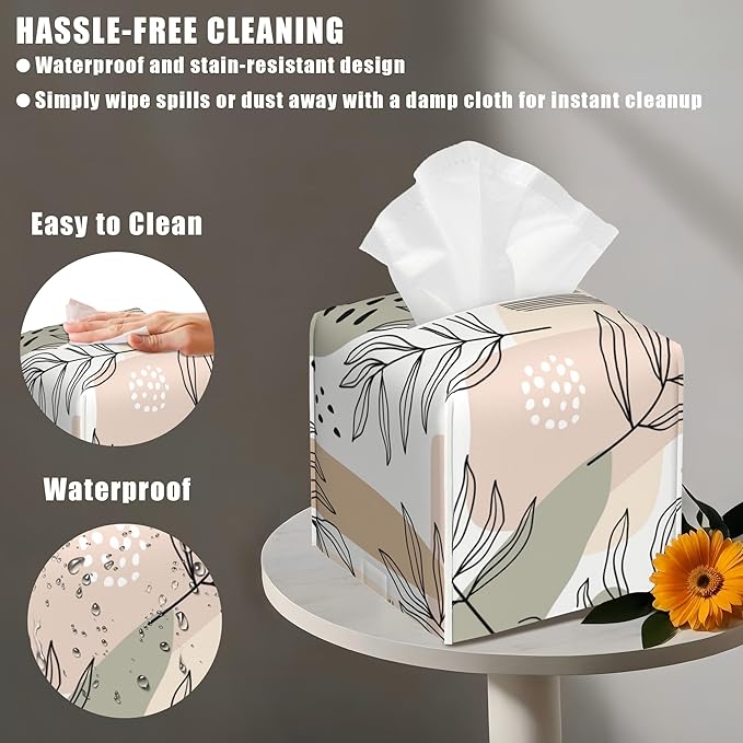 BLYKVGHQ Square Tissue Box Cover Boho Tropical Leaves Tissue Box Holder Facial Cube Paper Dispenser Leather Decorative Organizer Home Office Desk Decor, 5.2"x5.2"x5.2"