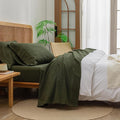 BESTOUCH Sheet Set 100% Washed Cotton Linen Feel Super Soft Comfortable Chic Lightweight 4 Pcs Home Bedding Set Solid Olive Green King