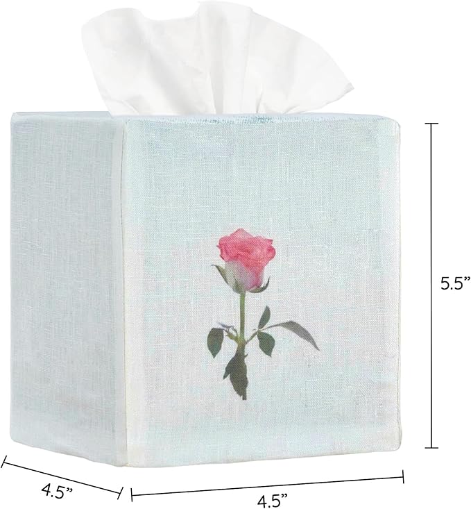 EmbroideryLinen.VN Tissue Box Cover Set of 2, Square Linen Tissue Holder, Printed Floral Design, 4.5x4.5x5.5 Inches, Decorative Holder for Bathroom, Living Room, Office (Rose)