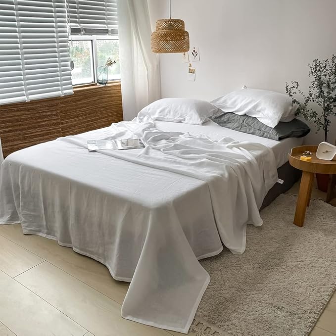Simple&Opulence Washed Linen Bed Sheet Set Basic Style 4 Pieces (1 Flat Sheet & 1 Fitted Sheet & 2 Pillowcases) 100% Natural French Flax Soft Breathable Farmhouse Bedding (King, White)