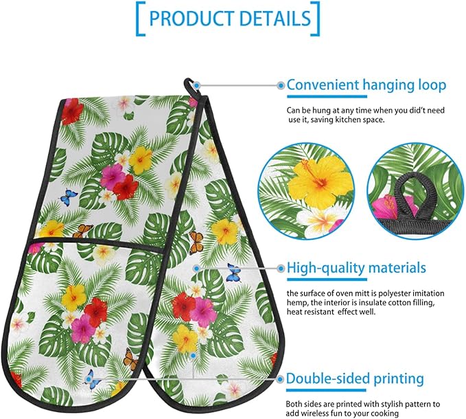 Long Double Oven Mitt for Baking Tropical Floral Flower Leaves Butterfly Heat Resistant Quilted Double Oven Glove Potholder for Cooking Grilling Christmas, Washable