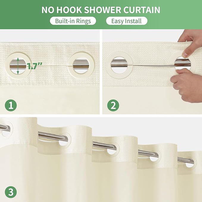 eachope Stall No Hook Shower Curtain with Snap-in Fabric Liner Set,Waffle Weave Shower Curtains for Bathroom,Hotel Luxury Decor Bathroom Curtain Set,Waterproof & Washable,Cream,54Wx80H