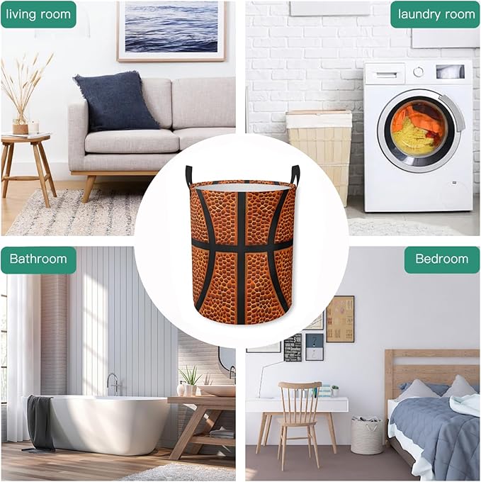 Laundry Basket Basketball Texture Collapsible Laundry Hamper with Handles Clothes Storage Bin for Household Bedroom Bathroom College Dorms