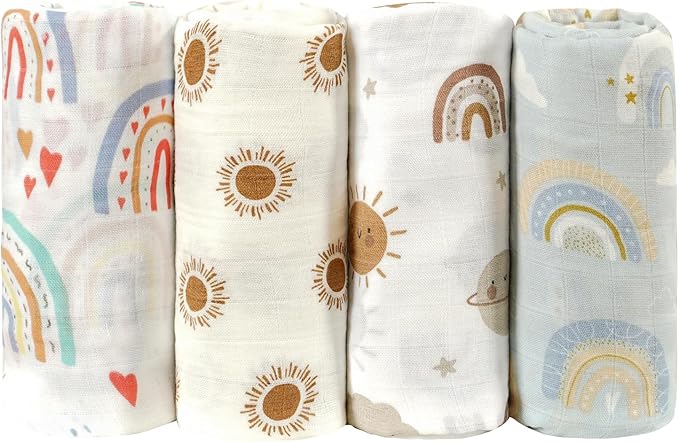 CoolaPeach 4 Set Muslin Swaddle Blankets for Newborn Baby Boys, Girls,Receiving Blankets-Cute Soft Print Baby Towel Wrap 120x110cm Baby(Rainbow)
