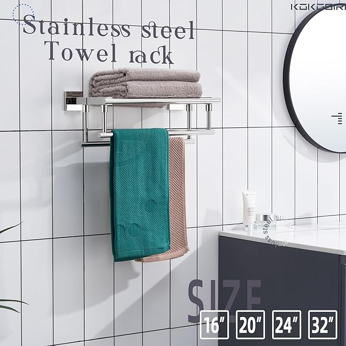 KOKOSIRI Bathroom Towel Rack Towel Holder 16 Inch Bath Towel Shelf with Double Towel Bars Wall Mounted, Polished Chrome Stainless Steel B6005CH-L16