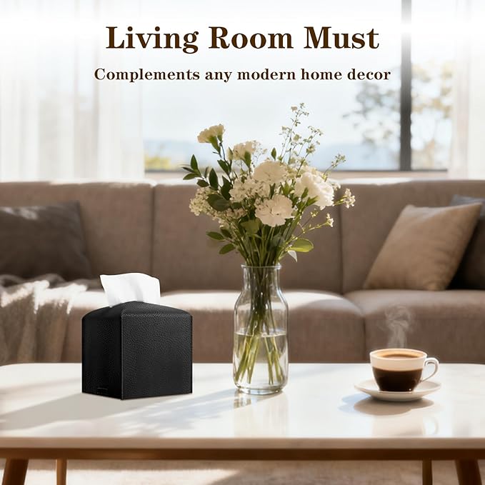 6-Pack Square Tissue Box Cover Holder, Black PU Leather Decorative Covers for Living Room, Bathroom, Office & Car