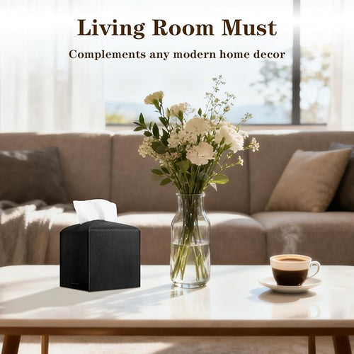 6-Pack Square Tissue Box Cover Holder, Black PU Leather Decorative Covers for Living Room, Bathroom, Office & Car