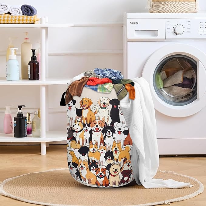 Cute Dog Puppy Laundry Basket with Sturdy Handles, Dog Lover Collapsible Oxford Cloth Laundry Hamper Organizer Basket for Bathroom Bedroom 15.7x20 Inch