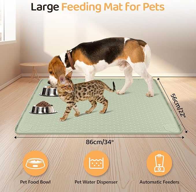 Bartuke Dog Food Mat, Extra Large 34" x 22" Silicone Pet Feeding Mat with Raised Edge Pet Placemat for Small, Medium, and Large Pets Non-Slip, Easy to Clean (Light Green)