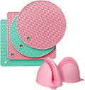 Pot Holders with Silicone Oven Gloves Pair, Non-Slip Heat Resistant Flexible Silicone Trivets, Oven Mitts and Trivets for Kitchen, Spoon Holder, Jar Opener, Green & Pink