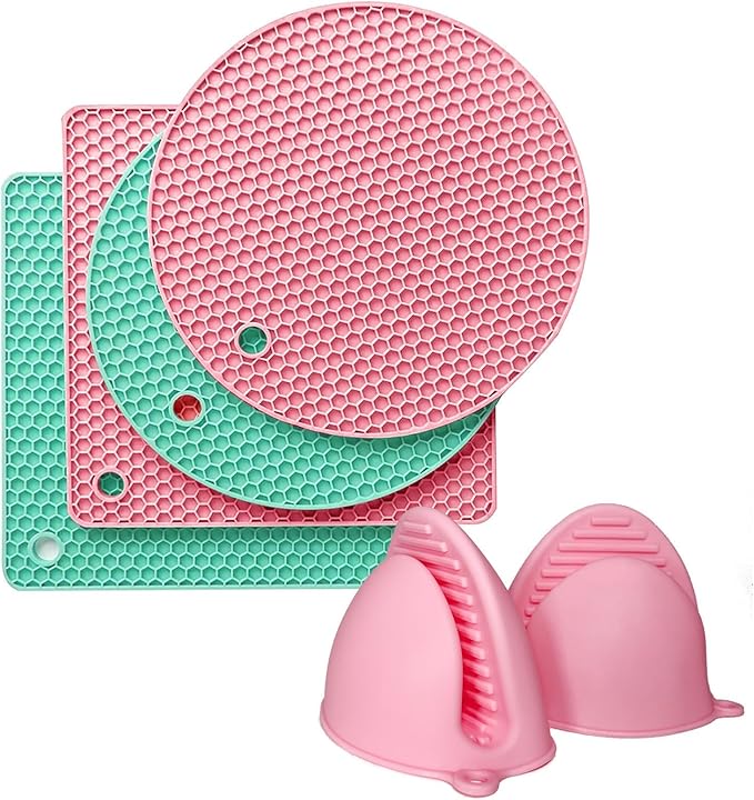 Pot Holders with Silicone Oven Gloves Pair, Non-Slip Heat Resistant Flexible Silicone Trivets, Oven Mitts and Trivets for Kitchen, Spoon Holder, Jar Opener, Green & Pink