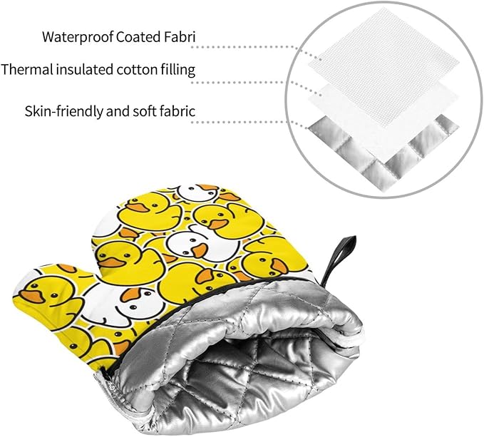 Cute Yellow Duck Oven Mitts and Pot Holders Set of 4, Oven Mittens and Potholders Heat Resistant Gloves for Kitchen Cooking Baking Grilling BBQ