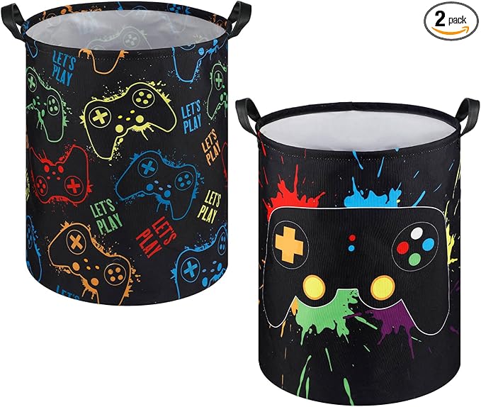 Zhehao 2 Pcs Gamer Laundry Basket Boys Kids Laundry Hamper Gamer Room Decor Gaming Storage Basket Hamper Clothes Organizer Nursery Toy Storage Bin for Easter Gifts Bedroom Bathroom Decoration(Stylish)