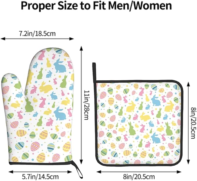 Easter Bunny Oven Mitts and Pot Holders Set of 2,Cute Rabbit Kitchen Baking Accessories Sets,Colorful Eggs Heat Resistant Oven Glove Potholders for Kitchen Cooking BBQ