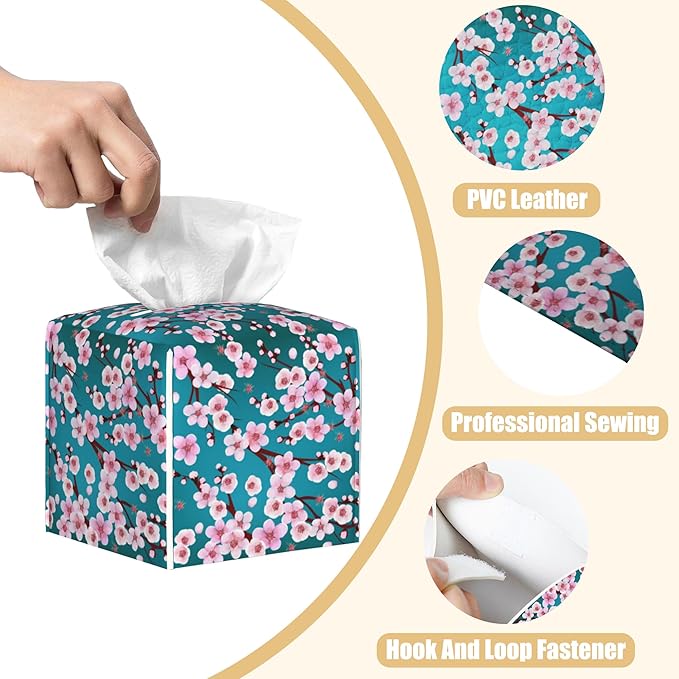BLYKVGHQ Pink Cherry Blossom Branches Tissue Box Cover Square, Tissue Box Holder with Bottom Belt Leather Facial Paper Organizer Dispenser for Bathroom Bedroom Dresser Night Stand Tabletop