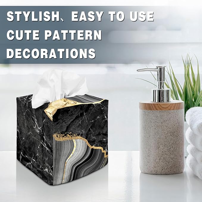 Tissue Box Cover Square Decorative Tissue Box Holder Cute Funny Cube Tissue Case Cover-Black Marble Tissue Box Cover