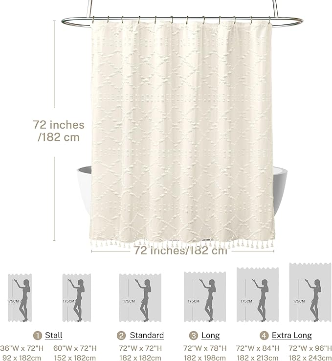 Siiluminisoy Cream Boho Woven Fabric Shower Curtain, 72 x 72 Tufted Chevron Textured Striped Modern Farmhouse Minimalist Cloth Curtain for Bathroom