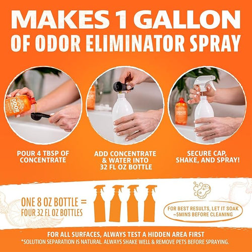 Angry Orange Pet Odor Eliminator for Home - 8oz Dog and Cat Pee Smell Remover for Carpet, Grass, Tile and Furniture - Citrus Concentrate, Makes 128oz of Liquid