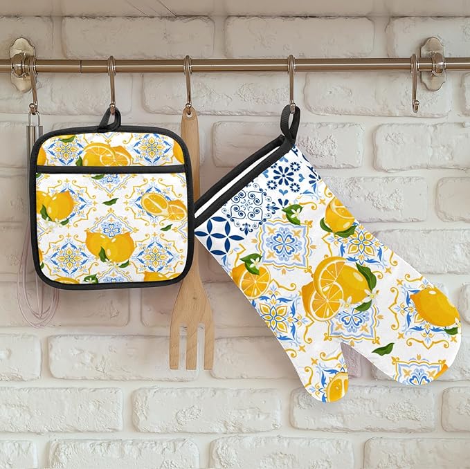 Oven Mitts and Pot Holders Set Ethnic Lemon - Heat Resistant Oven Gloves Potholder for BBQ Baking Grilling Cooking Kitchen Set of 2,Citrus Lemon Flower