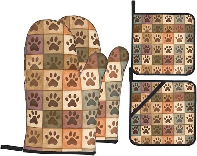 4 Pieces Flowers Oven Mitts and Pot Holder Set Floral Oven Gloves and Hot Pads Pot Holders for Farmhouse Kitchen Accessories and Decoration (Dog Cat Paws)
