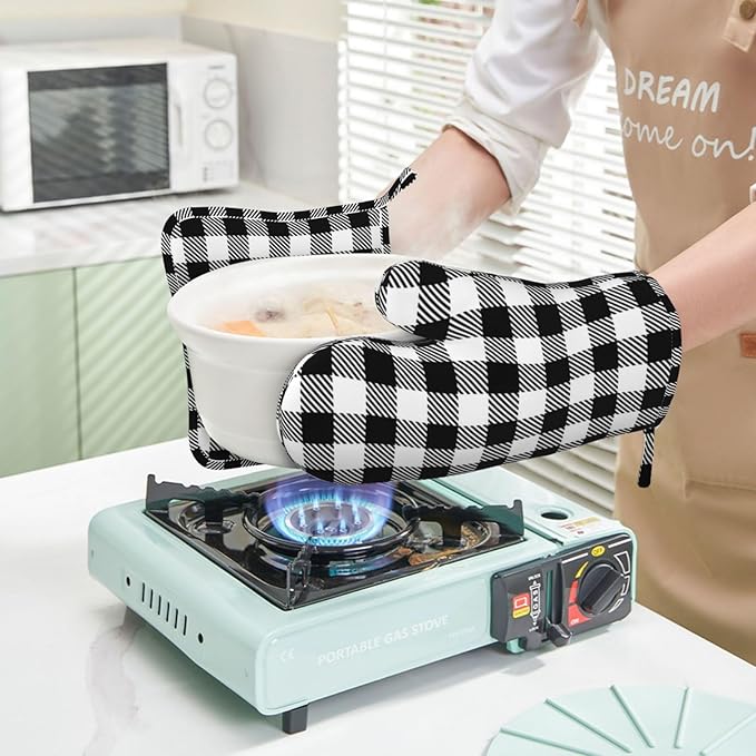 Black Checked Pattern Oven Mitts and Pot Holders Set of 4 Silicone Gingham Plaid Check Black Kitchen Mitten Gloves and Potholders Set Heat Resistant Oven Gloves Hot Holders for Kitchen