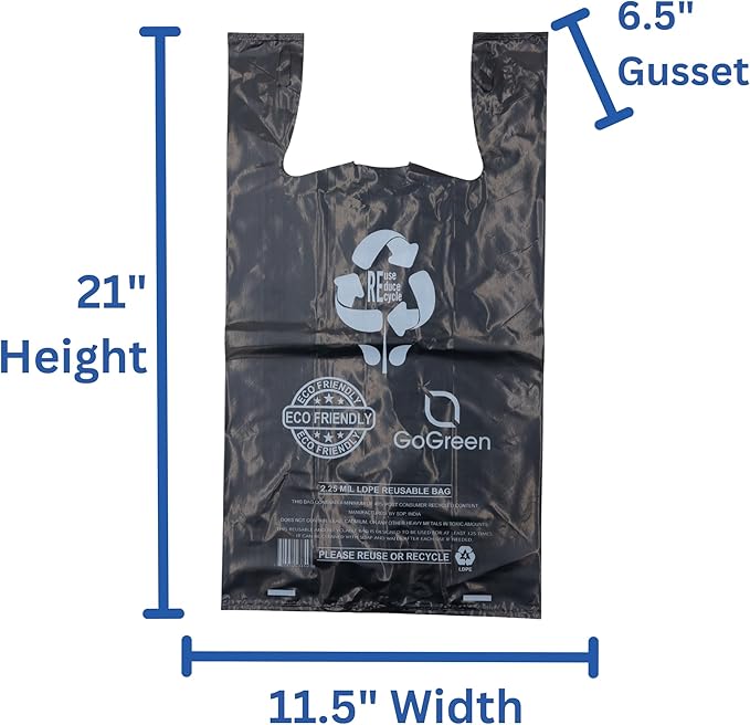 ASSUREPAK Black Reusable/Eco-Friendly LDPE T-Shirt - 1/6 BBL 11.5"X6.5"X21" - 200 Bags - 57 Micron (2.25 mil) - Black - BLKLD40REC225REUSE1221