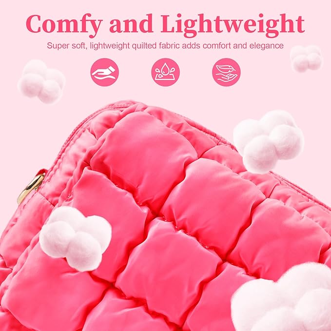 Puffer Quilted Makeup Bag Cosmetic Bags,Puffy Travel Toiletry Pouch for Women,Cute Checkered Zipper Bag Travel Essential,Portable Aesthetic Make up Organizer Bag for Gifts Work Daily(RoseRed,S)