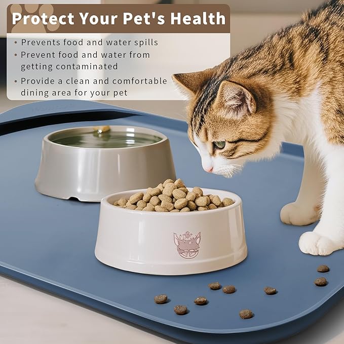 Smilool Silicone Pet Food Mat with Raised Edge for Food and Water Bowl, Dog Feeding Mats, Cat Food Trays for Floor Waterproof, Rubber Tray for Dogs and Cats, 24 x 16 x 0.8 Slate Blue