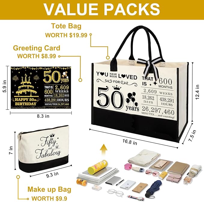 YeohJoy 50th Birthday Gifts for Women 50 and Fabulous Canvas Tote Bag Travel Gear, Unique 50 Years Old Gifts for Wife Sister Mom Aunt Friends Her, Handbag & Cosmetic Bag & 50 Birthday Poster