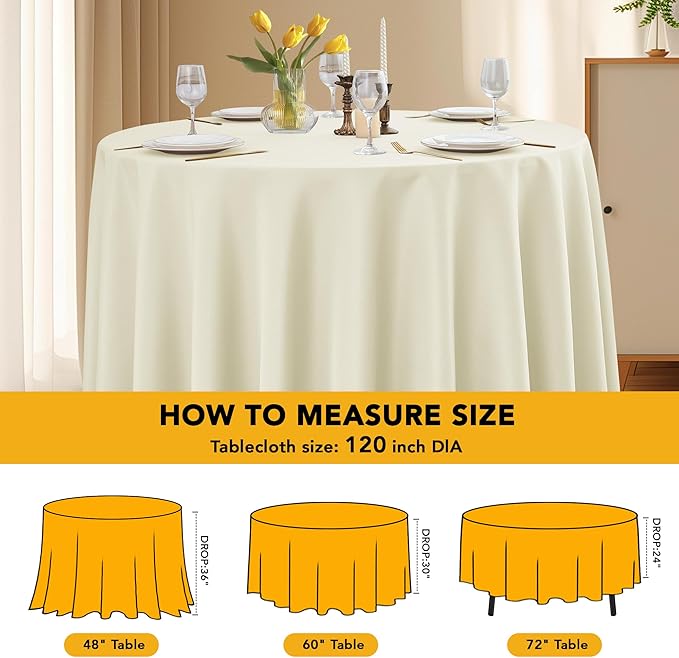 6-Pack Ivory Round Tablecloths, 120 Inches, Stain-Resistant Polyester for 5-6 Ft Round Tables - Washable Table Covers for Weddings, Banquets, Birthday Parties, Events