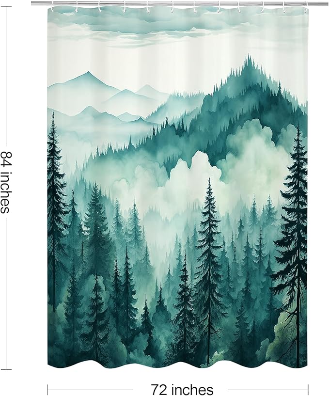 Litabel Teal Blue Extra Long Misty Pine Forest Shower Curtain 72 x 84, XL Mountain Foggy Woodland Scenery Tree Shower Curtains for Bathroom, Turquoise Abstract Waterproof Nature-Themed Decor