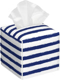 Navy Blue Stripes Tissue Box Cover,Color Horizontal Striped Waterproof Leather Square Tissue Box Cover Case Facial Paper Organizer Dispenser Box Holder for Home Office Bathroom Vanity Countertop