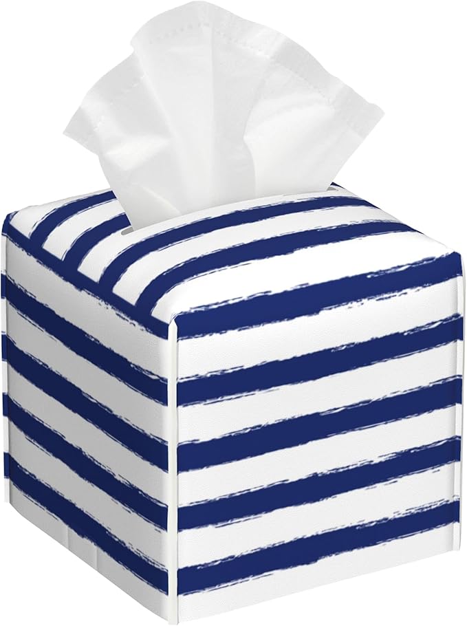 Navy Blue Stripes Tissue Box Cover,Color Horizontal Striped Waterproof Leather Square Tissue Box Cover Case Facial Paper Organizer Dispenser Box Holder for Home Office Bathroom Vanity Countertop