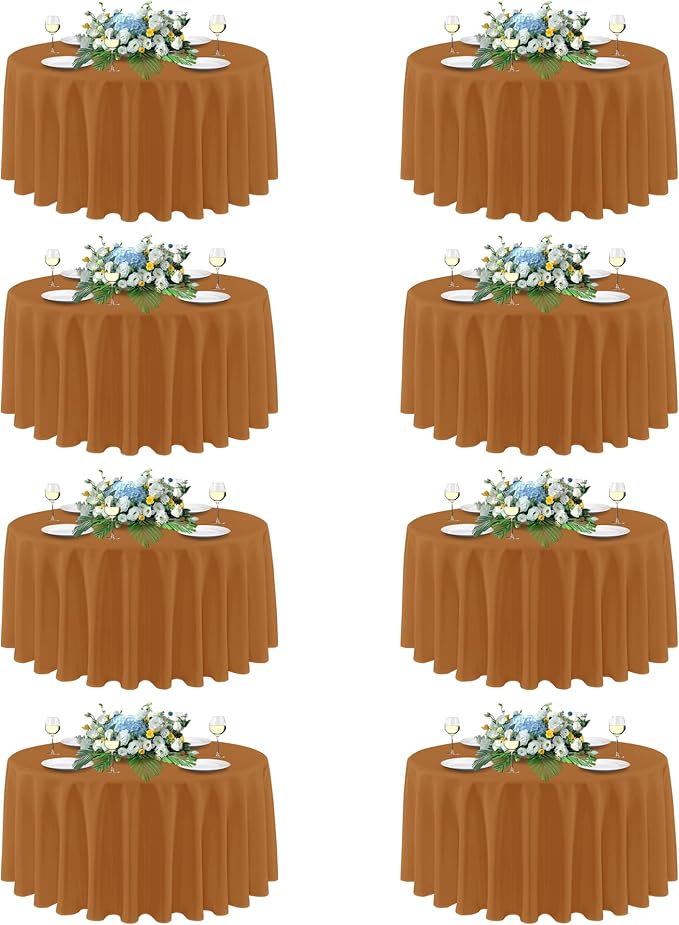 sancua Thanksgiving Round Tablecloth 108 Inch Diameter, 8 Pack Bronze, Circle Polyester Fabric Light Brown Fall Table Cloth Cover for Harvest Wedding Party Reception Banquet (Fit 42-96 Inch Tables)