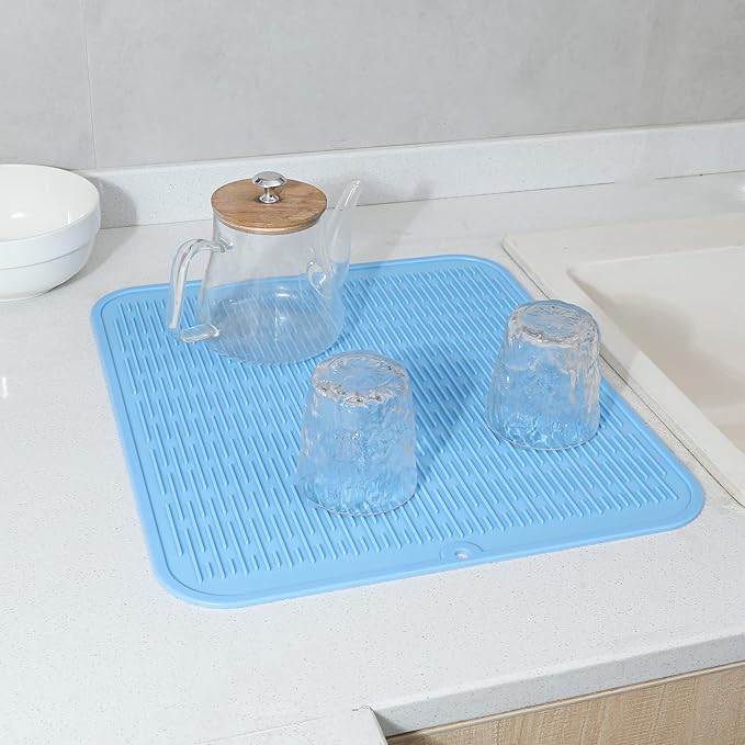 Silicone Dish Drying Mat for Multiple Usage,Easy clean,Eco-friendly,Heat-resistant Silicone Mat for Kitchen Counter or Sink,Refrigerator or Drawer Liner Light Blue XL 18 inches x 16 inches