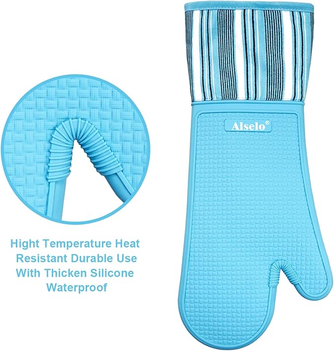 Oven Mitts Heat Resistant Silicone Kitchen Gloves for 550 Degrees with Waterproof and Non-Silp, Oven Gloves for Baking Cooking Barbecue Microwave Machine Washable (2, Extra Long Sapphire)