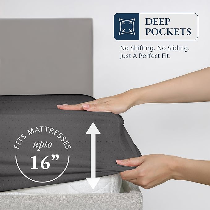 Lane Linen 100% Egyptian Cotton Queen Size Fitted Sheet Only (61"x81" + 16") - Elegant Sateen Weave, Ultra Soft, Breathable, Highly Durable, Deep Pockets Upto 17" - Swiss Dot Charcoal